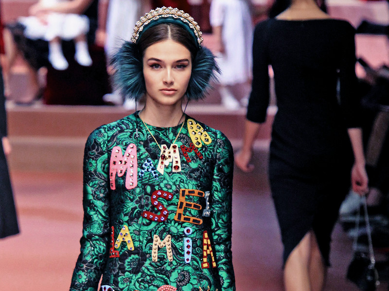 MILAN, ITALY - MARCH 01:  A model walks the runway at the Dolce & Gabbana show during the Milan Fashion Week Autumn/Winter 2015 on March 1, 2015 in Milan, Italy.  (Photo by Antonio de Moraes Barros Filho/WireImage)