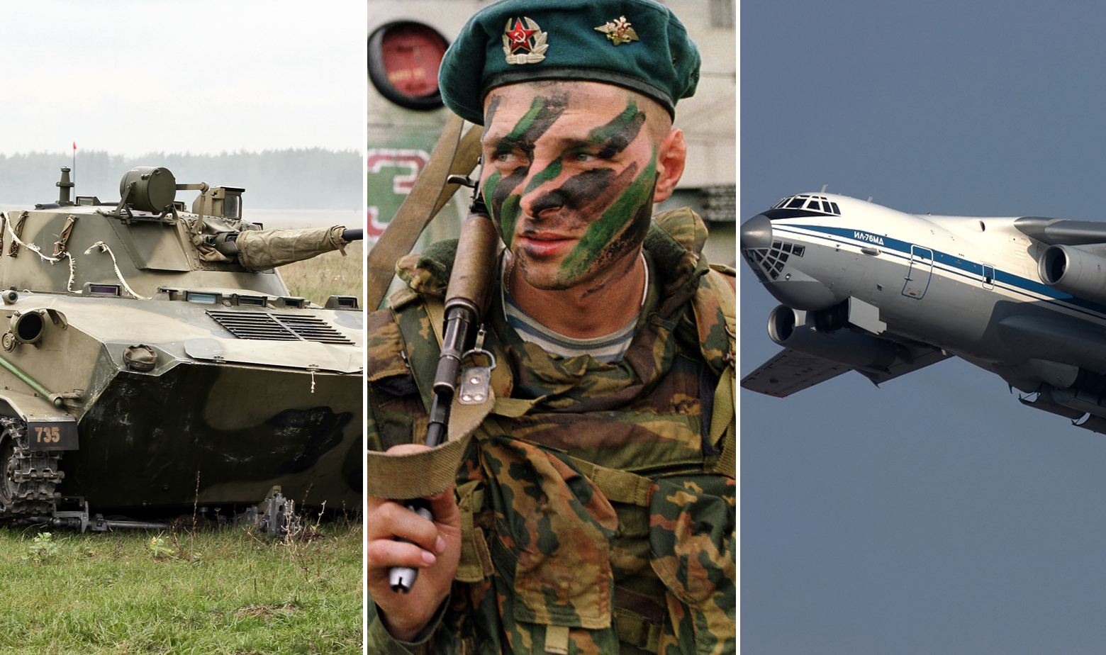 S lijeva na desno: oklopno vozilo BMD-2, arhivska fotografija ruskog vojnika, transportni zrakoplov Iljušin Il-76MD