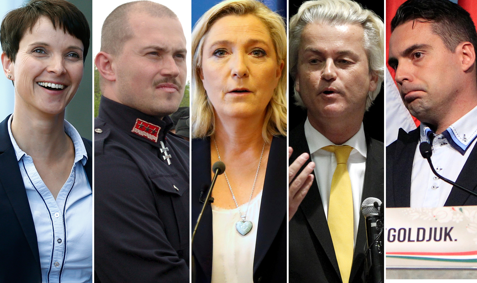S lijeva na desno: Frauke Petry (AfD), Marian Kotleba (Naša Slovačka), Marine Le Pen (Front Nacional), Geert Wilders (Stranka za slobodu), Gabor Vona (Jobbik)