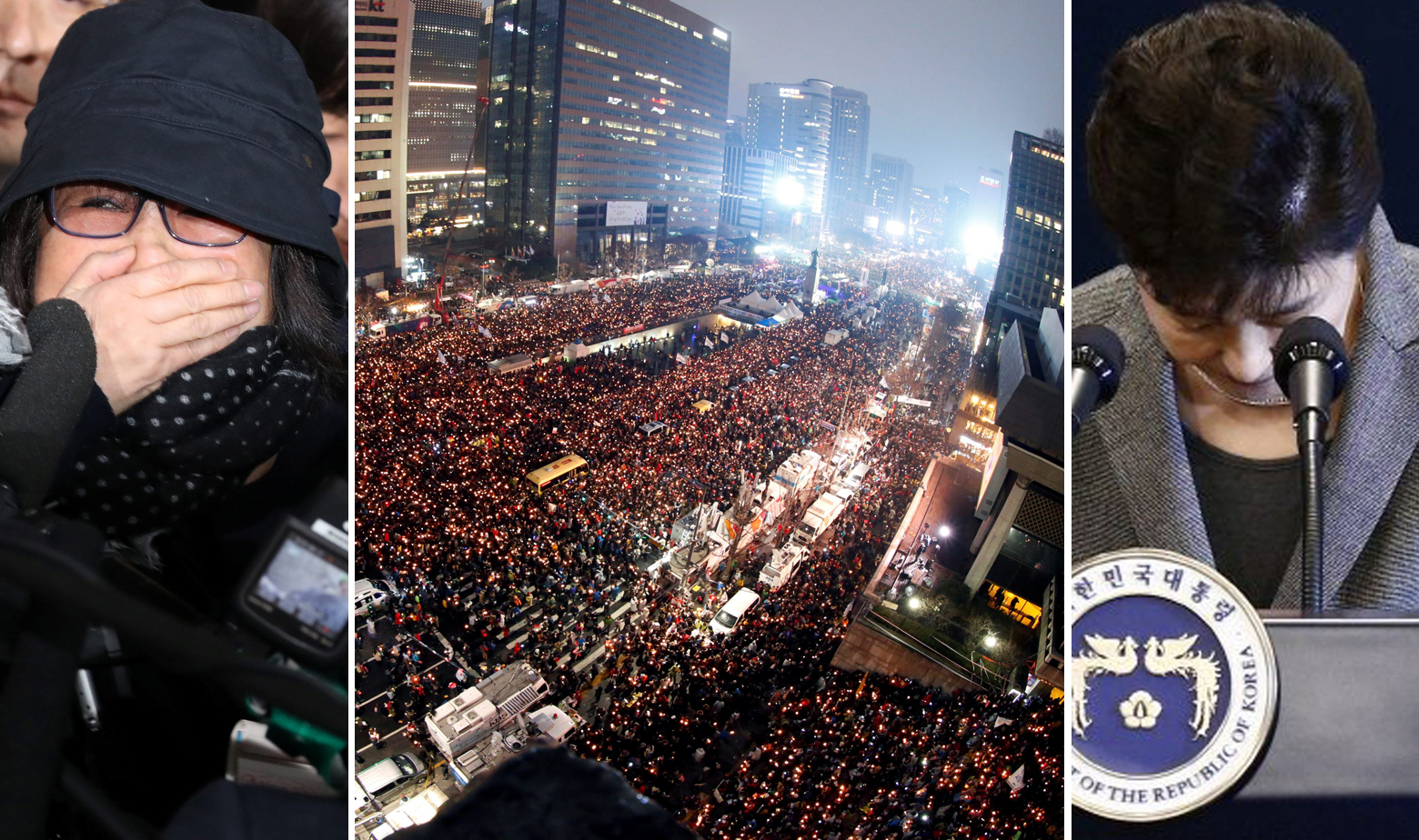 S lijeva na desno: 'savjetnica' Choi Soon-sil, masovni prosvjedi u Seulu i predsjednica Park Geun-hye