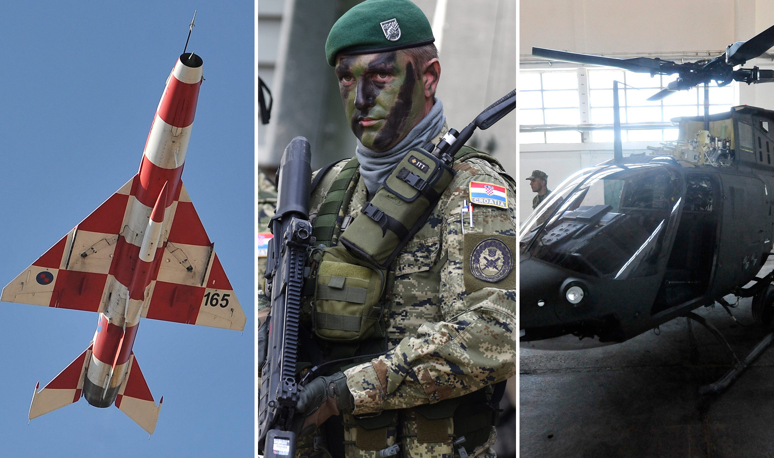 S lijeva na desno: Mig 21, hrvatski vojnik i helikopter Kiowa Warrior 