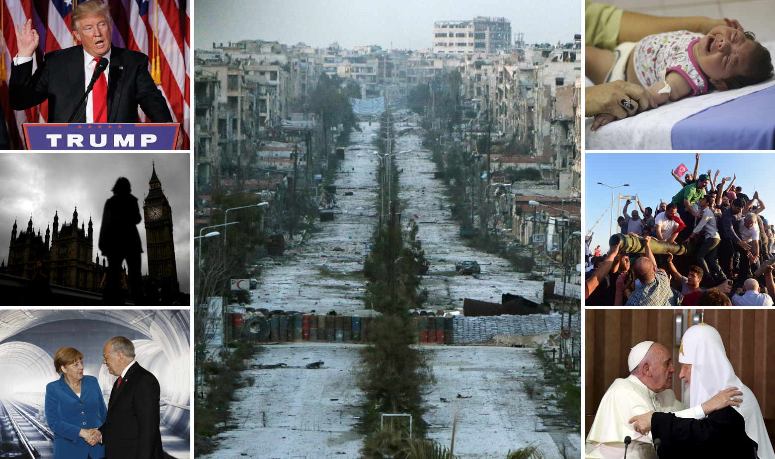 Lijeva strana, gore prema dolje: Donald Trump, zgrada parlamenta u Londonu, Angela Merkel i švicarski predsjednik Johann Schneider-Ammann. U sredini: razrušena ulica u Alepu. Desna strana, gore prema dolje: beba s mikrocefalijom u Brazilu, građani Istanbula nakon propasti puča u Turskoj, papa Franjo i ruski pravoslavni patrijarh Kiril 