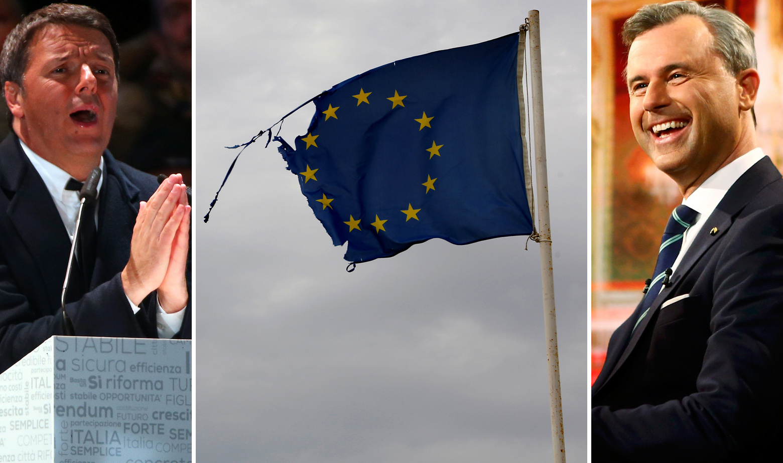S lijeva na desno: Matteo Renzi, poderana zastava EU, Norbert Hofer