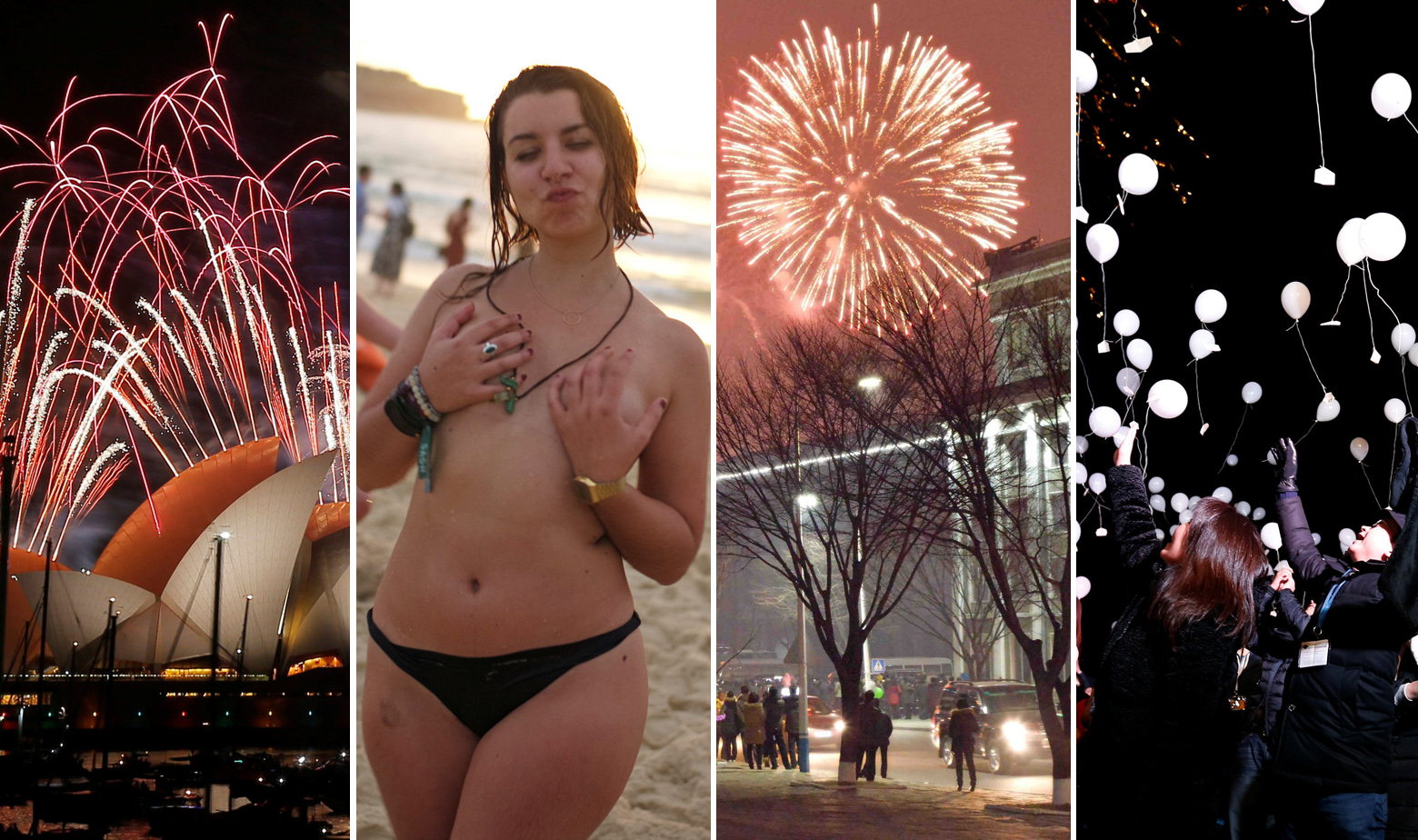 S lijeva na desno: Proslava Nove godine u Sydneyu, prvo jutro 2017. u Sydneyu, doček u Pyongyangu i doček u Tokiju