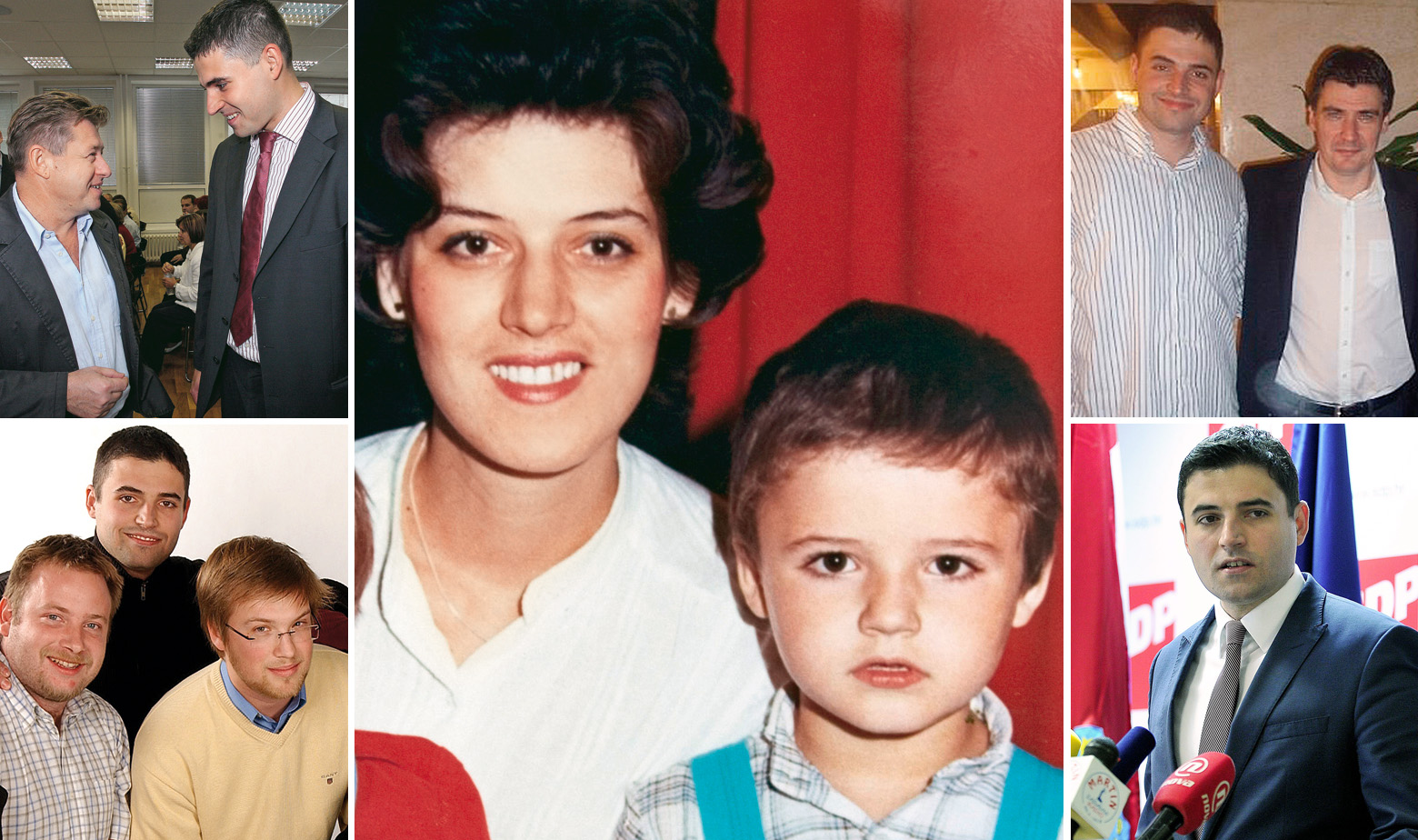 U sredini: Davor Bernardić s majkom Dragicom (1984.); S lijeva: Bernardić s Ivom Jelušićem i s mladima iz SDP-a; S desna: Bernardić sa Zoranom Milanovićem i nakon što je preuzeo SDP