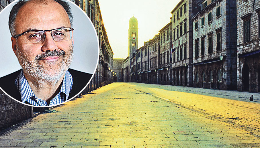 Damir Fabijanić (u krugu), “Stradun, za vrijeme opće opasnosti, 1. 6. 1992., 18 h”; rad iz 
Fabijanićeva ratnog ciklusa (desno)