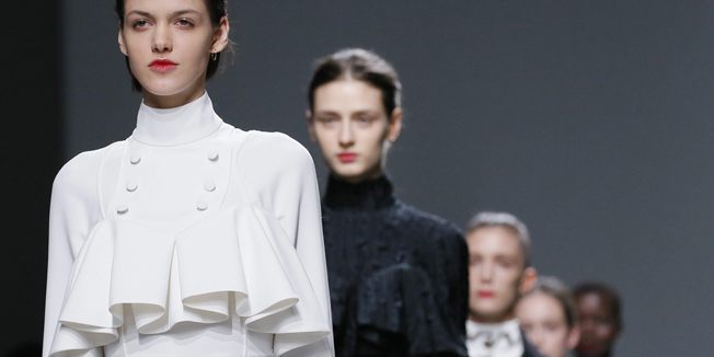 Models present creations by American designer Adam Andrascik as part of his Fall/Winter 2016/2017 women's ready-to-wear collection for fashion house Guy Laroche in Paris, France, March 2, 2016. REUTERS/Gonzalo Fuentes