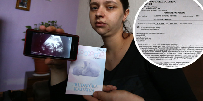 Ivankovo, 160216Matea Jankovic ispricala je potresnu pricu kako je 30.01. u Zupanijskoj bolnici u Vinkovcima rodila mrtvo novorodjence. Za smrt bebe krivi lijecnika koji je vodio porod a sumnju izazivaju i razliciti nalazi u kojem jedan govori o mrtvorodjenom djecaku a drugi o zivo rodjenom djecaku koji je kasnije preminuo. Na fotografiji: Matea Jankovic pokazuje fotografiju posljednjeg ultrazvuka i trudnicku knjizicuFoto: Emica Elvedji / CROPIX