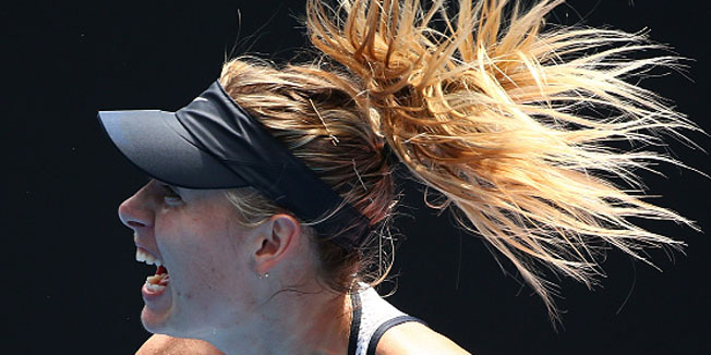 MELBOURNE, AUSTRALIA - JANUARY 26:  Maria Sharapova of Russia serves in her quarter final match against Serena Williams of the United States during day nine of the 2016 Australian Open at Melbourne Park on January 26, 2016 in Melbourne, Australia.  (Photo by Scott Barbour/Getty Images)