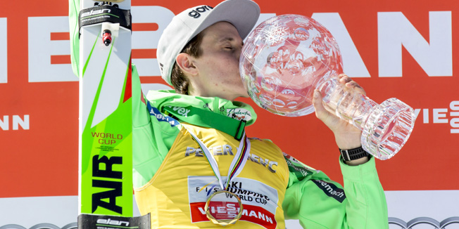 PLANICA, SLOVENIA - March 20:  Peter Prevc of Slovenia poses for a picture after winning the overall trophy of the Ski Jumping World cup during the victory ceremony of the FIS Ski Jumping World Cup at Planica on March 20, 2016 in Planica, Slovenia. (Photo by Jan Hetfleisch/Getty Images)