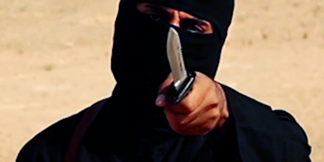 A masked, black-clad militant, who has been identified by the Washington Post newspaper as a Briton named Mohammed Emwazi, brandishes a knife in this still image from a 2014 video obtained from SITE Intel Group February 26, 2015. Investigators believe that the masked killer known as 