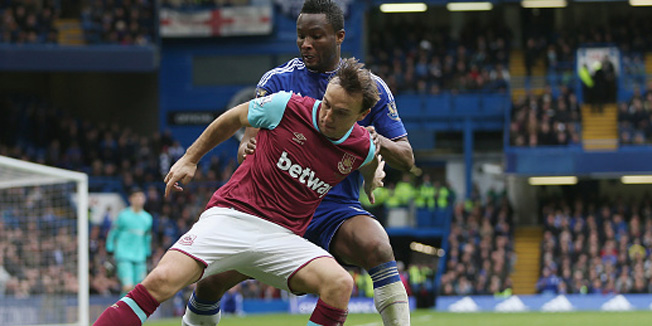 LONDON, ENGLAND - MARCH 19:  Mark Noble of West Ham United holds off John Obi Mikel of Chelsea during the Barclays Premier League match between Chelsea and West Ham at Stamford Bridge on March 19, 2016 in London, United Kingdom.  (Photo by Alex Morton/Getty Images)