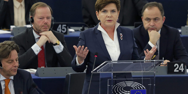 Poland's Prime Minister Beata Szydlo addresses the European Parliament in Strasbourg, France, during a debate on the state of the rule of law and restrictions to press freedom in Poland, January 19, 2016.    REUTERS/Vincent Kessler