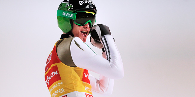 BISCHOFSHOFEN, AUSTRIA - JANUARY 06:  Peter Prevc of Slovenia celebrates victory and overall victory after landing his final competition jump on day 2 of the 64th Four Hills Tournament in Bischofshofen on January 6, 2016 in Bischofshofen, Austria.  (Photo by Adam Pretty/Bongarts/Getty Images)