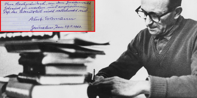 12th April 1961:  Nazi official Adolf Eichmann (1906 - 1962), with reference books piled high, prepares his case in his cell before his trial for war crimes during the Second World War. He was subsequently convicted of crimes against humanity having played a key role in the extermination of millions of Jews.  (Photo by Central Press/Getty Images)