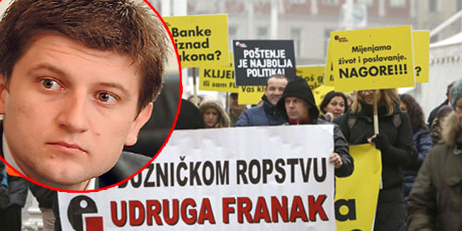 Zagreb, 121215.Udruga Franak blokirat ce rad poslovnice  Hypo-Alpe-Adria-Bank (HAAB) na Trgu bana Jelacica te poslovnice Raiffeisenbank Austria (RBA) u Jurisicevoj ulici u Zagrebu. Smatraju da te banke cine nepravilnosti i nezakonitosti u konverziji kredita u svicarskim francima. Foto: Damjan Tadic / CROPIX