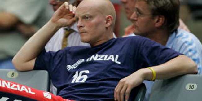 MUNICH, GERMANY - AUGUST 30: Christian Berge of Flensburg looks on during the Supercup match between THW Kiel and SG Flensburg-Handewitt on August 30, 2005 in Munich, Germany.  (Photo by Sandra Behne/Bongarts/Getty Images)