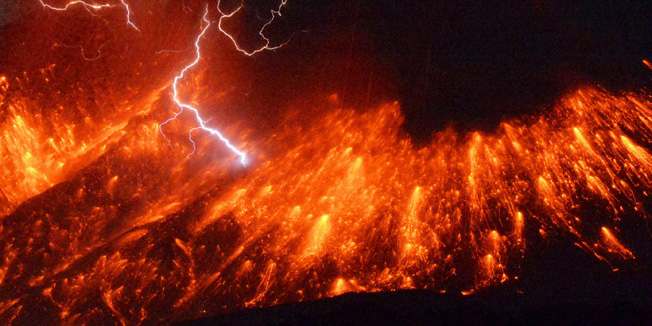 Volcanic lightning is seen at an eruption of Mount Sakurajima, in this photo taken from Tarumizu city, Kagoshima prefecture, southwestern Japan, in this photo taken by Kyodo February 5, 2016. A Japanese volcano about 50 km (30 miles) from a nuclear plant erupted on Friday, Japan's Meteorological Agency said, sending fountains of lava into the night sky. Mandatory credit REUTERS/Kyodo  ATTENTION EDITORS - FOR EDITORIAL USE ONLY. NOT FOR SALE FOR MARKETING OR ADVERTISING CAMPAIGNS. THIS IMAGE HAS BEEN SUPPLIED BY A THIRD PARTY. IT IS DISTRIBUTED, EXACTLY AS RECEIVED BY REUTERS, AS A SERVICE TO CLIENTS. MANDATORY CREDIT. JAPAN OUT. NO COMMERCIAL OR EDITORIAL SALES IN JAPAN.      TPX IMAGES OF THE DAY     