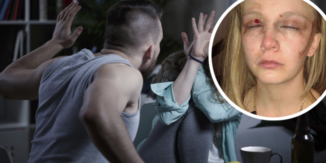 Yelling aggressive man beating his scared wife