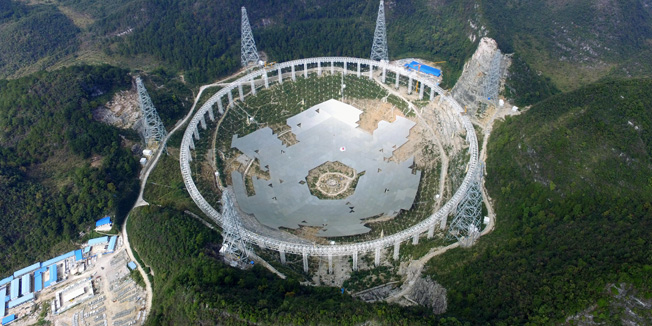 PINGTANG, CHINA - NOVEMBER 26:  (CHINA OUT) The feed supporting system of the five-hundred-metre Aperture Spherical Radio Telescope (FAST) is under test on November 26, 2015 in Pingtang County, China. The construction will be completed in September 2016.  (Photo by ChinaFotoPress/ChinaFotoPress via Getty Images)