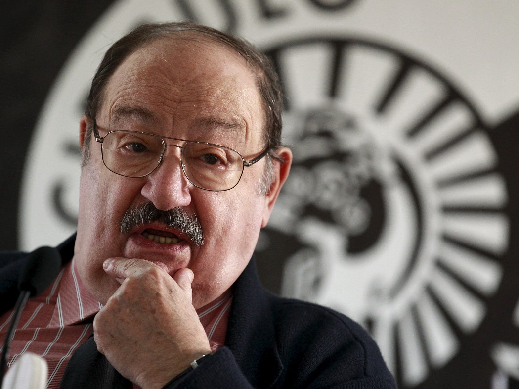 Italian writer Umberto Eco poses during the presentation of his novel 