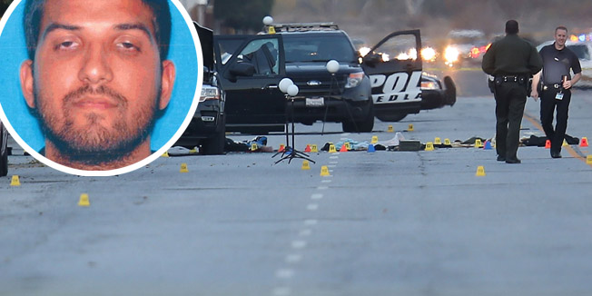 SAN BERNARDINO, CA - DECEMBER 04: Law enforcement officials continue their investigation around the Ford SUV vehicle that was the scene where suspects of the shooting at the Inland Regional Center were killed on December 4, 2015 in San Bernardino, California. Police continue to investigate a mass shooting at the Inland Regional Center in San Bernardino that left at least 14 people dead and another 17 injured on December 2nd.   Joe Raedle/Getty Images/AFP== FOR NEWSPAPERS, INTERNET, TELCOS & TELEVISION USE ONLY ==
