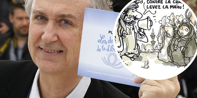 French cartoonist Plantu poses during a photocall for the event 'Cartooning for Peace' at the 66th Cannes Film Festival in Cannes May 20, 2013. The Festival de Cannes is hosting an auction of original cartoons from various cartoonists on Monday to support the Cartooning for Peace Association.    REUTERS/Yves Herman (FRANCE  - Tags: ENTERTAINMENT HEADSHOT)   - RTXZTOZ