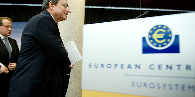 European Central Bank , ECB, chief  Mario Draghi, leaves a press conference at ECB's headquaarters in Franfurt, central Germany, Wednesday April 4, 2012. Draghi said a weak eurozone economy has held back businesses from applying for loans despite the abundant cash made available by the central bank's massive amounts of cheap credit to lenders. Draghi made his remarks Wednesday after the bank left its key interest rate unchanged at 1 percent - as expected. (AP Photo/dapd/thomas Lohnes)