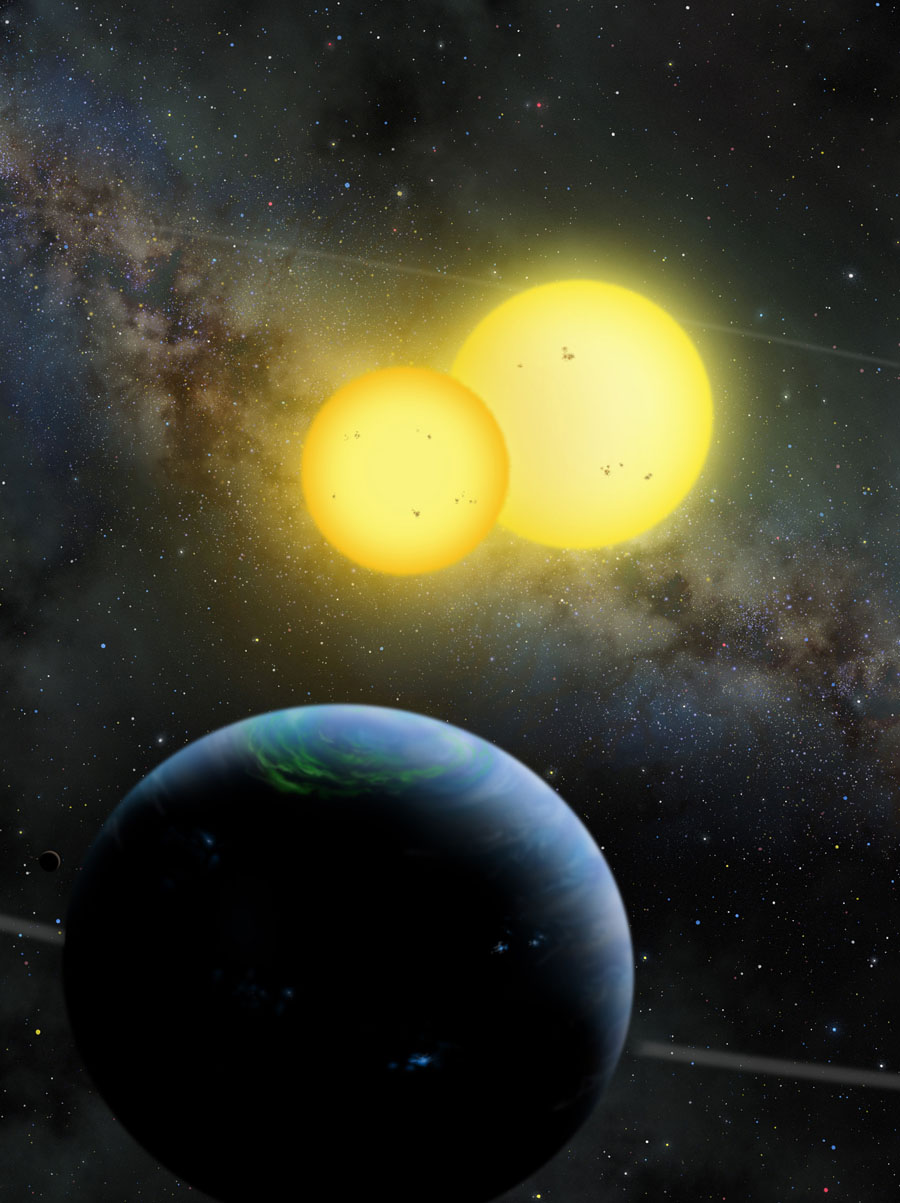 This handout illustration provided by San Diego State University, shows a newly discovered planet, called Kepler 35, that circles not one but two stars. Scientists thought this type of two-sun system _ made famous as the home planet of the fictional Luke Skywalker _  is too unstable to support planets. But so far theyve found three of these planets with two suns, showing that planets seem to be everywhere. The study is in this weeks journal Nature.  (AP Photo/Lynette R. Cook, San Diego State University)