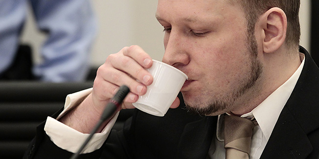 Accused Norwegian Anders Behring Breivik takes a drink in the courtroom, in Oslo, Norway, Tuesday morning April 17, 2012. The anti-Muslim fanatic who admitted to killing 77 people in a bomb-and-shooting massacre is set to take the stand in his terror trial. Anders Behring Breivik will have five days to explain why he set off a bomb in Oslo's government district, killing eight, and then gunned down 69 at a Labor Party youth camp outside the Norwegian capital. (AP Photo/Hakon Mosvold Larsen/Scanpix Norway, Pool)