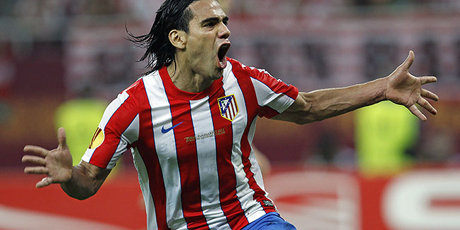 Atletico Madrid's Falcao celebrates after scoring the second goal against Athletic Bilbao during the Europa League final soccer match at the National Arena in Bucharest, Romania Wednesday May 9, 2012.  (AP Photo/Petr Josek)