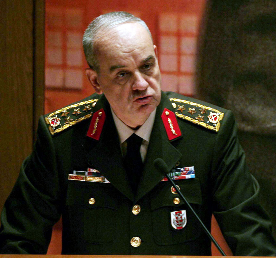 (FILES) This picture taken on December 26, 2009 shows Turkish Chief of the General staff Ilker Basbug speaking at the army headquarters in Ankara. Turkey's former army chief Ilker Basbug was arrested Friday over an alleged bid to topple the Islamist-rooted government, the Anatolia news agency reported on January 6, 2012.  AFP PHOTO/ADEM ALTAN