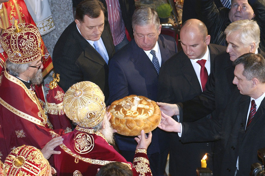 Top Serb officials, from left to right, the President of Bosnia's Serb-run part the Republika Srpska Milorad Dodik, a member of Serb royal dynasty Prince Alexander Karadzordjevic, Republic of Srpska Prime Minister and parliament speaker Aleksandar Dzombic, Nikola Spiric and Igor Radojicic gather to mark the 20th anniversary since the founding of the Republika Srpska in Banja Luka, 140 kms north west of Sarajevo, Bosnia, on Monday, Jan. 9, 2012. On Jan 9, 1992 Bosnian Serbs established a Serb republic in parts of Bosnia after the country declared independence from former Yugoslavia despite opposition from ethnic Serbs. This triggered the country's brutal 1992-95 war. The Serb Republic was recognized by the 1995 Dayton Peace Agreement which ended the conflict, as one of the two highly independent parts of Bosnia which are linked by a weak central government. (AP Photo/Radivoje Pavicic)