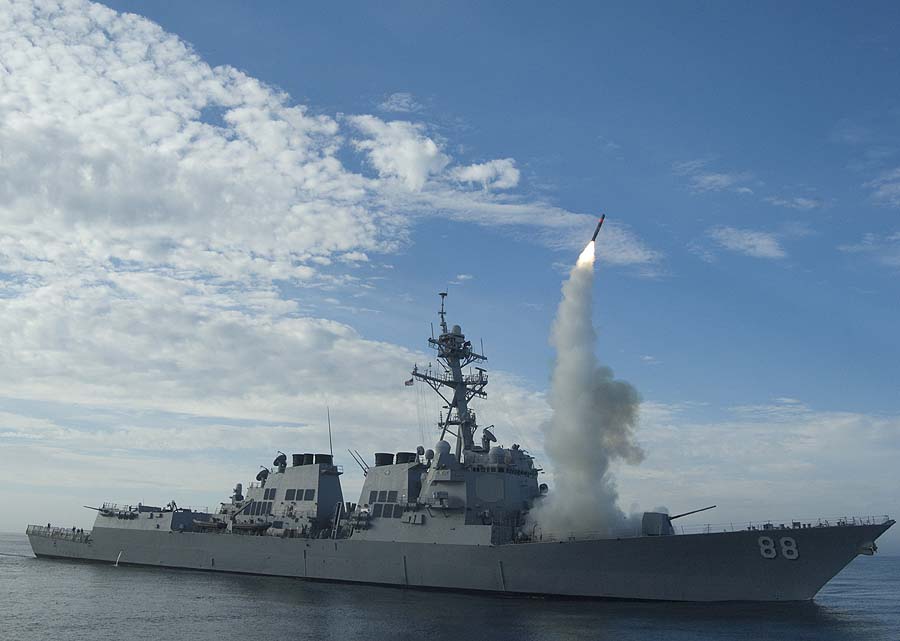 == MANDATORY CREDIT TO US NAVY VISUAL NEWS SERVICE ==In this image released by the US Navy Visual News Service March 19, 2011 shows US Navy file photo taken September 29, 2010 in the Pacific Ocean.  Sailors aboard the guided-missile destroyer USS Preble (DDG 88) conduct an operational tomahawk missile launch while underway in a training area off the coast of California. The launch tested the proficiency of the crew as well as the missile's ability to track and destroy targets well over the horizon.   AFP PHOTO / US NAVY VISUAL NEWS SERVICE / Mass Communication Specialist 1st Class Woody Paschall / HANDOUT    == RESTRICTED TO EDITORIAL USE - NOT FOR SALE FOR MARKETING OR ADVERTISING CAMPAIGN - DISTRIBUTED AS A SERVICE TO CLIENTS ==