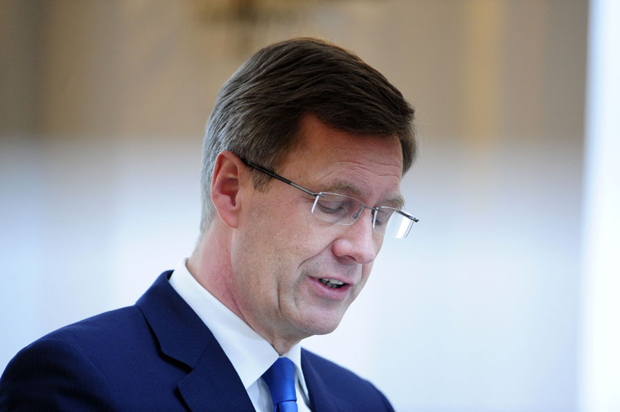 Germany's president Christian Wulff gives a statement to annouce he resigns on February 17, 2012 at the Bellevue Presidential Palace in Berlin, after prosecutors demanded his immunity be lifted to investigate allegations he abused his position. Wulff  resigned today after a string of scandals, handing Chancellor Angela Merkel a political headache at home as she battles to lead Europe from its debt crisis. Late Thursday, the prosecutor in the northern city of Hanover announced an 