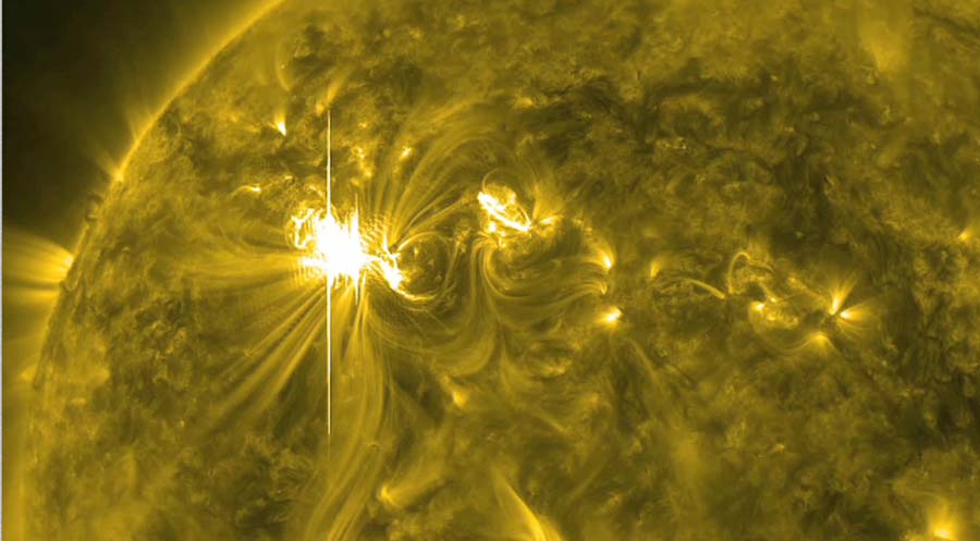 This image obtained from NASA on March 7, 2012,  shows one of the largest solar flares of this solar cycle on March 6, 2012 at 7PM ET. This flare was categorized as an X5.4, making it the second largest flare -- after an X6.9 on August 9, 2011. A pair of steamy explosions on the Sun's surface in recent days is sparking the biggest radiation and geomagnetic storm the Earth has experienced in five years, space weather experts said March 7. The full brunt of the storm is expected to hit Earth early Thursday US time and last through Friday, potentially disrupting power grids, GPS systems, satellites, and forcing airplanes to change their routes around the polar regions.    = RESTRICTED TO EDITORIAL USE - MANDATORY CREDIT 