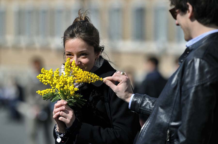 A woman holds a bunche of mimosaoutside the Italian Presidential palace, the Quirinale, to celebrate the International Women's day on March 8, 2012 in Rome. AFP PHOTO / FILIPPO MONTEFORTE