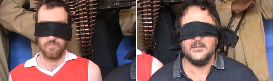 RESTRICTED TO EDITORIAL USE - NO MARKETING NO ADVERTISING CAMPAIGNS - DISTRIBUTED AS A SERVICE TO CLIENTSA combination of two pictures grabbed from a video sent to AFP on August 3, 2011 shows two unidentified blindfolded men kidnapped in May in northern Nigeria, flanked by armed men, appearing for the first time since their capture. Britain's Chris McManus and Italy's Franco Lamolinara, two hostages kidnapped in Nigeria nearly a year ago were killed on March 8, 2012 as a rescue operation sought to save them, and Nigeria said their Islamist extremist murderers were arrested.  The killing of the two men kidnapped in May 2011 brought a shocking end to their saga and left many unanswered questions after British Prime Minister David Cameron announced their deaths and took responsibility for authorising a rescue. AFP PHOTO