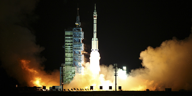 The Long March 2F rocket carrying Shenzhou 8 spacecraft lifts off at Jiuquan Satellite Launch Center in Jiuquan, in northwestern China's Gansu province, Tuesday, Nov. 1, 2011. China's unmanned spacecraft Shenzhou 8 blasted off in the latest step in what will be a decade-long effort by the country to place a manned permanent space station in orbit. (AP Photo)  CHINA OUT 