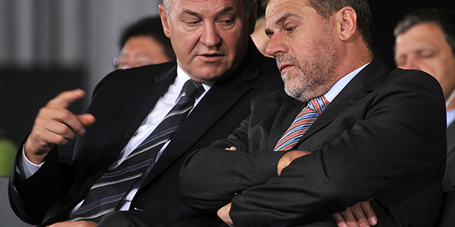 Zagreb, 220910.Otvoren je 86. Jesenski medjunarodni Zagrebacki Velesajam, a zemlja partner je Kina. Velesajam je otvorio Boris Cota, predsjednikov savjetnik za gospodarstvo.Na slici: Ivo Covic (zg Holding), gradonacelnik Milan Bandic na otvaranju.Foto: Bruno Konjevic / CROPIX