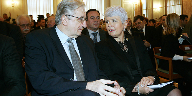 Zagreb, 101211.Preporodna dvorana.U Preporodnoj dvorani odrzana je komemoracija povodom 12. godisnjice smrti dr. Franje Tudjmana.Na slici: Miroslav Tudjman, Jadranka Kosor.Foto: Tomislav Kristo / CROPIX