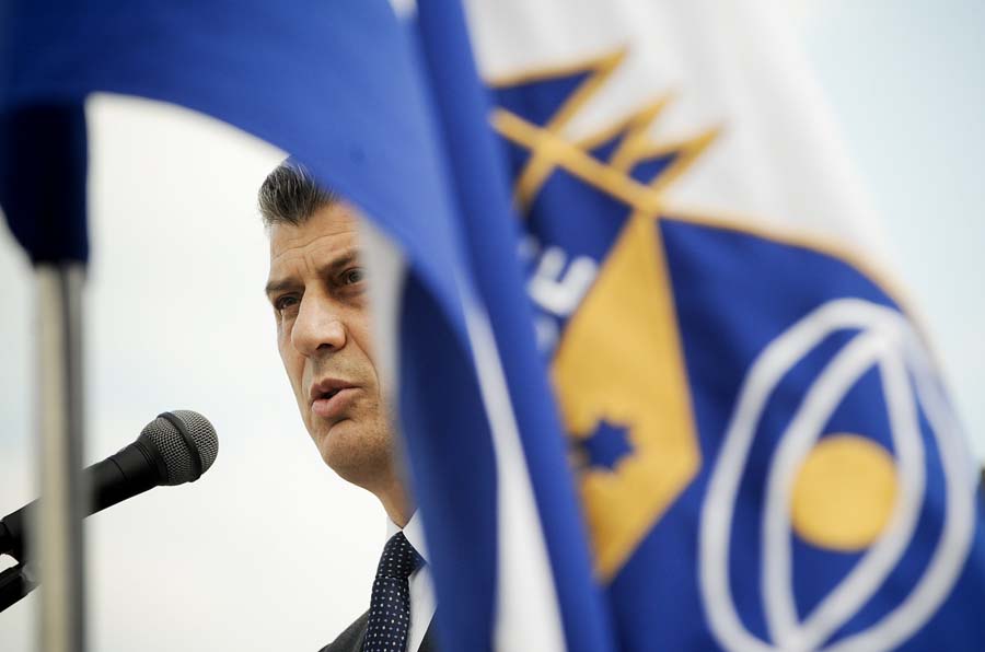 Kosovo Prime Minister Hashim Thaci delivers a speech during his visit at a police compound near the village of Vrello on August 1, 2011. Thaci insisted that Pristina would not back down in a trade row with Serbia that has sparked unrest and clashes in the tense north of the territory. More than 90 percent of Kosovo's imported food comes from Serbia, one of its main suppliers with goods totalling 260 million euros ($370 million) a year.    AFP PHOTO / ARMEND NIMANI