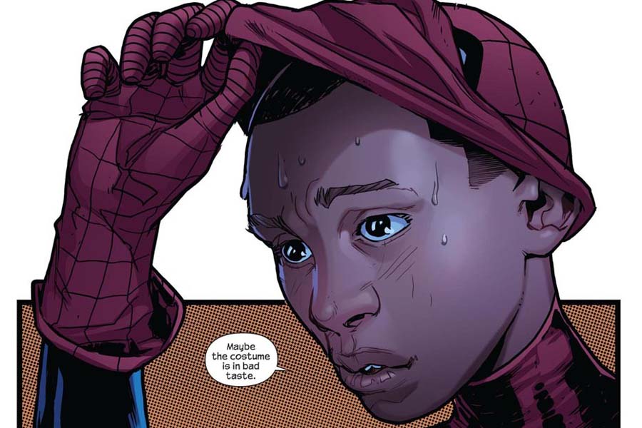 This handout image courtesy of Marvel Comics shows a frame from Ultimate Comics Fallout #4 shows Spider-Man peeling his webbed mask back August 3, 2011 to reveal a new face -- and it's black. In a revolution for one of the most enduring characters in comic books, Marvel Comics introduced a revamped Spider-Man whose alter-ego is a mild-mannered half-black, half-Latino teen from New York. The new Spidey is called Miles Morales and he lives in Brooklyn with his parents, at least when he's not in his famous red and blue costume and battling world evil. The previous incarnation, Peter Parker, was white, an orphan and came from New York's borough of Queens. He was killed off in June during a fight with his nemesis Green Goblin. AFP PHOTO/HO/MARVEL COMICS         = RESTRICTED TO EDITORIAL USE - MANDATORY CREDIT 