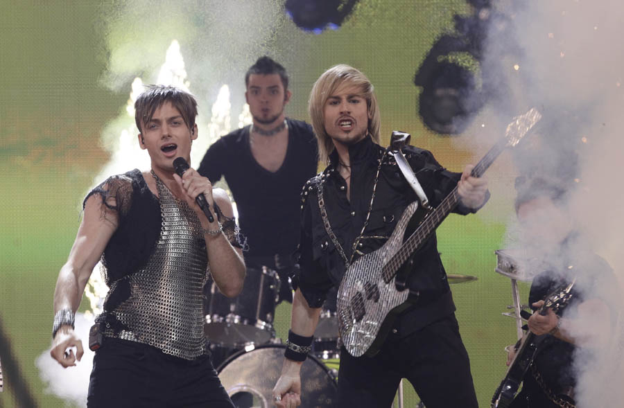 Balarus' Litesound perform during the second semifinal at the 2012 Eurovision Song Contest at the Baku Crystal Hall in Baku, Friday, May 25, 2012. The finals of the 2012 Eurovision Song Contest will be held at the stadium on May 26, 2012. (AP Photo/Sergey Ponomarev)