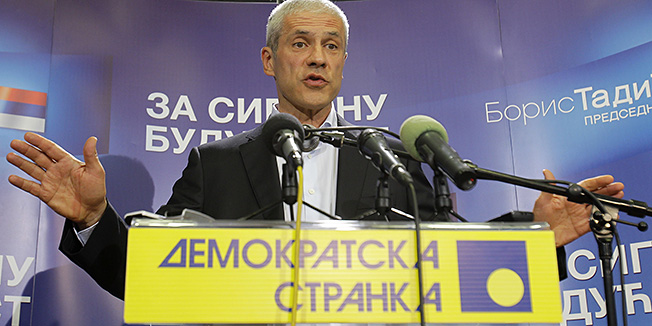 Democratic Party leader and and presidential candidate Boris Tadic addresses media after presidential elections in Belgrade, Serbia, Sunday, May 20, 2012. Nationalist Tomislav Nikolic beat pro European Union incumbent Boris Tadic in Serbia's presidential runoff election.  (AP Photo/Darko Vojinovic)
