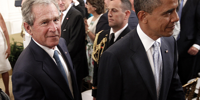 President Barack Obama and former President George W. Bush  leave the East Room of the White House in Washington, Thursday, May 31, 2012, after Bush's portrait unveiling.  (AP Photo/Pablo Martinez Monsivais) 