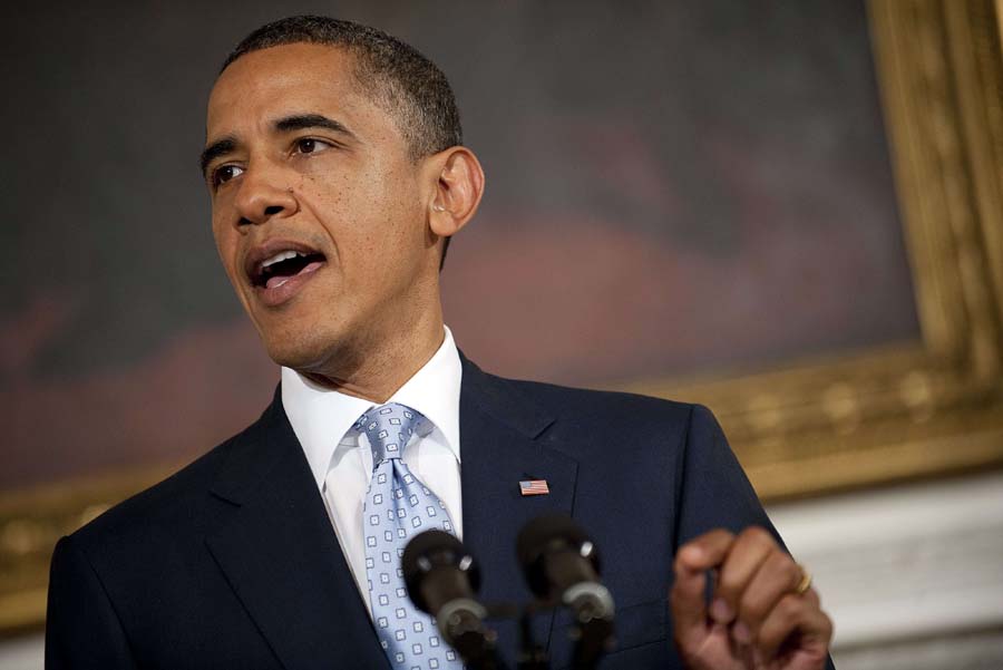 US President Barack Obama delivers remarks on the US economy from the State Dining Room at the White House in Washington, DC, August 8, 2011. Obama on Monday defended America's credit after Standard & Poor's downgraded its top notch debt rating, insisting the economy's woes were 