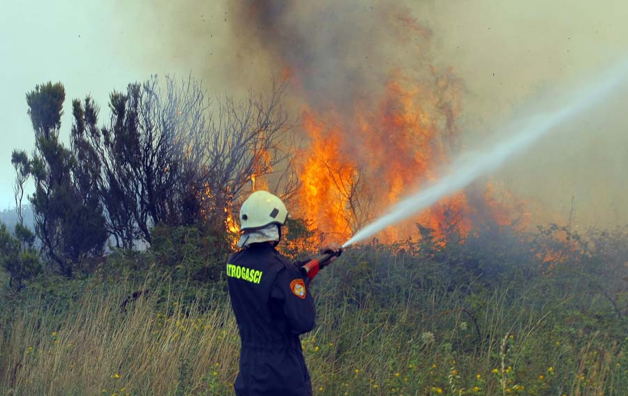 Pula, Liznjan, 160711.Pozar na Marleri u kojem je gorilo nisko raslinje i borova suma. Vatrogasci nisu mogli gasiti vatru zbog nepristupacnog terena nego su samo branili da vatra ne predje cestu i ne prosiri se dalje. Predio nije naseljen tako da nitko nje bilo  ugrozen.Foto: Goran Sebelic / CROPIX                              