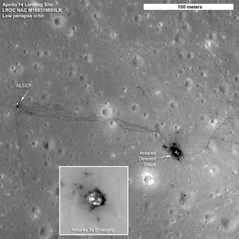 This annotated image released by NASA September 6, 2011 shows an image of the Apollo 14 landing site taken by the Lunar Reconnaissance Orbiter Camera(LROC) in orbit around the Moon. The paths left by astronauts Alan Shepard and Edgar Mitchell on both Apollo 14 moon walks are visible in this LRO image. (At the end of the second moon walk, Shepard famously hit two golf balls.) The descent stage of the lunar module Antares is also visible.   = RESTRICTED TO EDITORIAL USE - MANDATORY CREDIT 