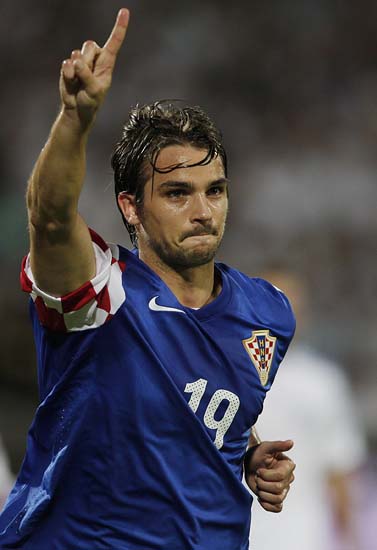 Croatia's Niko Kranjcar reacts after scoring a penalty against Israel during  Euro 2012 Group F qualifying soccer match in Ramat Gan stadium near Tel Aviv, Israel, Saturday, Oct. 9, 2010. (AP Photo/Ariel Schalit)